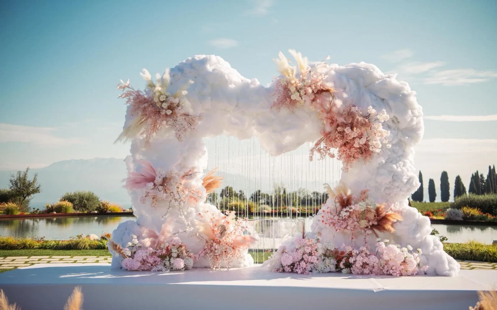 L'altare a forma di nuvola, ornato di fiori rosa, sulla pedana bianca affacciata sul laghetto